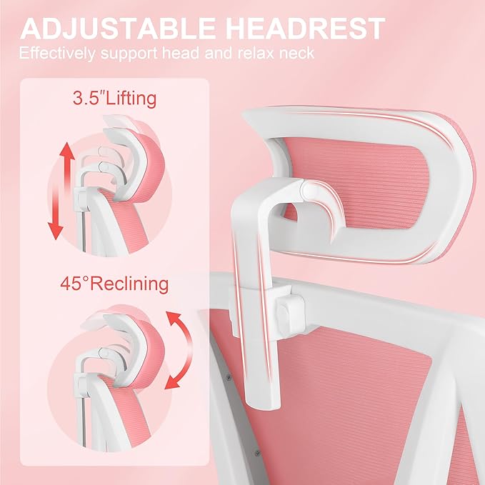 Misolant Ergonomic Office Chair with Footrest, Ergonomic Desk Chair with Adjustable 2D Lumbar Support, High Back Office Chair with Adjustable Headrest, Comfortable Executive Office Chair -Pink - LeafyLoom