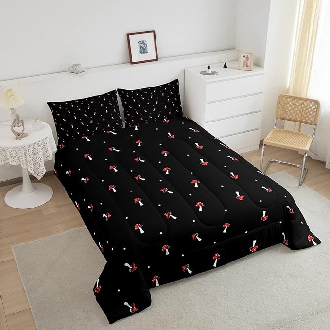 Cute Mushroom Kawaii Comforter Set Queen Kid Cartoon Bedding Set Red Mushroom Duvet Set Farmhouse Botanical Reversible Quilt Set Lovely Natural Wild Plants Comforter Set For Bedroom Decor, Black - LeafyLoom