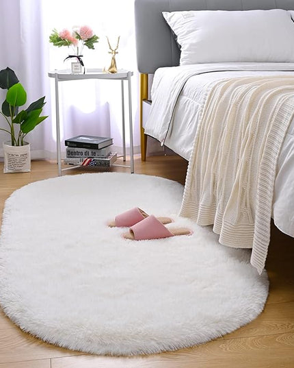 Merelax Soft Shaggy Rug for Kids Bedroom, Oval 2.6'x5.3' Cream Plush Fluffy Carpets for Living Room, Furry Carpet for Teen Girls Room, Anti-skid Fuzzy Comfy Rug for Nursery Decor Cute Baby Play Mat - LeafyLoom