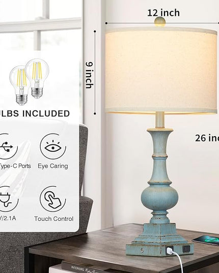Farmhouse Table Lamps Set of 2, Rustic Touch Control Bedside Lamps with 2 USB Ports & AC Outlet, Vintage Resin 3-Way Dimmable Nightstand Lamp Linen Fabric Shade for Living Room Bedroom Decor Blue - LeafyLoom
