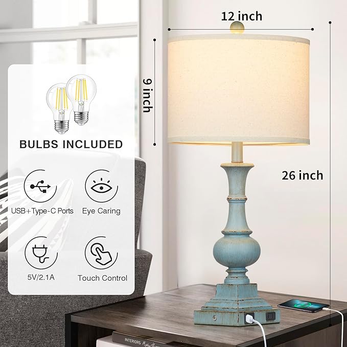 Farmhouse Table Lamps Set of 2, Rustic Touch Control Bedside Lamps with 2 USB Ports & AC Outlet, Vintage Resin 3-Way Dimmable Nightstand Lamp Linen Fabric Shade for Living Room Bedroom Decor Blue - LeafyLoom