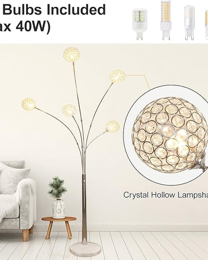 Depuley 5-Light Modern LED Floor Lamp, Adjustable Metal Tall Standing Lamps with Marble Base, Dimmable Arc Floor Lamp with Flexible Rotating Lights for Living Room, Bedroom(Silver, G9 Bulbs Included) - LeafyLoom