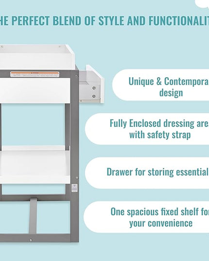av2023-Dream nontoxic strap-3b688703 Arlo Changing Table, Made of Solid New Zealand Pinewood, Non-Toxic Finish, Comes with Water Resistant Mattress Pad & Safety Strap, Steel Grey And White - LeafyLoom