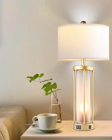 Table Lamps for Living Room Set of 2,26" Tall Gold Bedside Farmhouse Table Lamps with LED Lantern Nightlight,Bedroom Nightstand Lamps with Dual USB Port Grey White Shade (Bulbs Included) - LeafyLoom