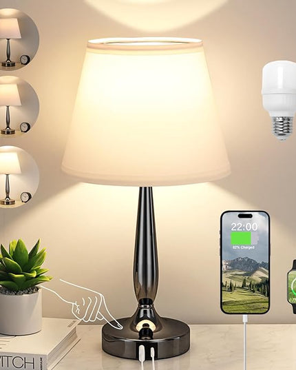 Kakanuo Touch Bedside Lamp for Bedroom with USB C Port, Small Touch Table Lamp with 2 USB Charging Ports, 3 Way Dimmable Nightstand Lamp for Living Room and Office - White (LED Bulb Included) - LeafyLoom