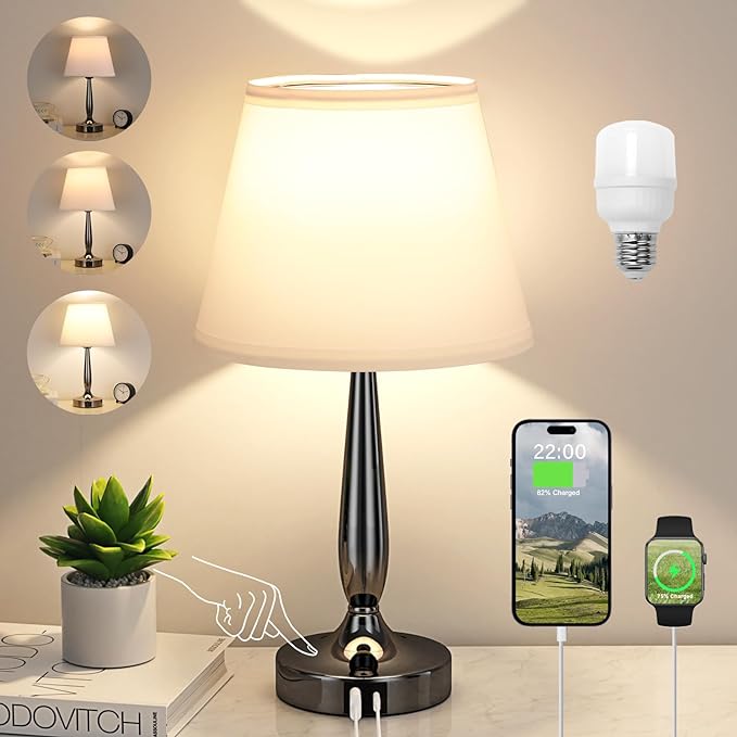 Kakanuo Touch Bedside Lamp for Bedroom with USB C Port, Small Touch Table Lamp with 2 USB Charging Ports, 3 Way Dimmable Nightstand Lamp for Living Room and Office - White (LED Bulb Included) - LeafyLoom