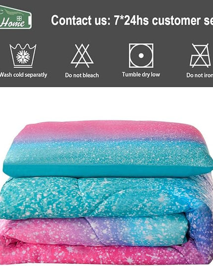 JQinHome Twin Glitter Comforter Sets for Girls, 3D Colorful Duvet Pink Rainbow Themed Bedding, All-Season Reversible Quilted Duvet, for Girls Teen Women - includes 1 Comforter, 1 Pillowcase - LeafyLoom