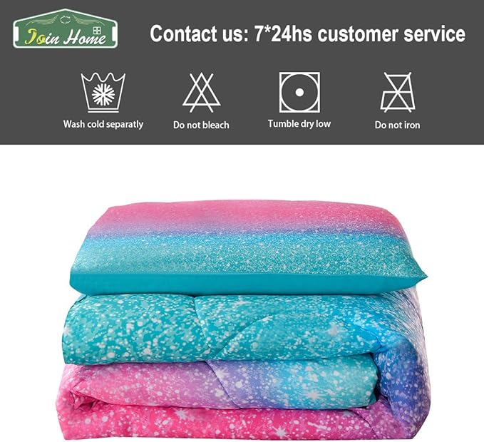JQinHome Twin Glitter Comforter Sets for Girls, 3D Colorful Duvet Pink Rainbow Themed Bedding, All-Season Reversible Quilted Duvet, for Girls Teen Women - includes 1 Comforter, 1 Pillowcase - LeafyLoom