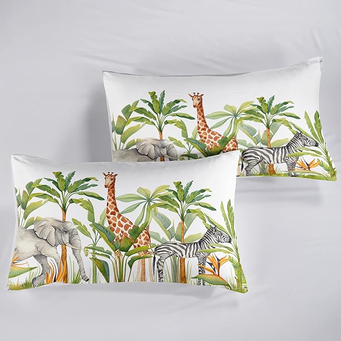 Wild Animal Comforter Queen Size,Elephant Giraffe Zebra Kids Comforter Set,3Pcs Bedding Set Printed Comforter with 2 Pillowcases,Down Alternative,Soft and Lightweight,for All Seasons - LeafyLoom