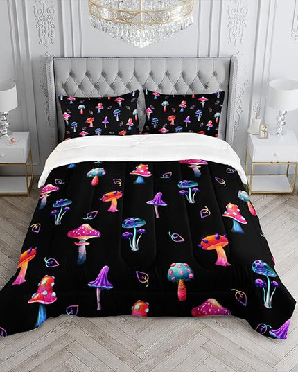 Colorful Mushroom Comforter Set Full Size Kids Mushroom Bedding Set Leaves Quilt Bed Set for Boys Girls Adults with 1 Comforter and 2 Pillowcases - LeafyLoom