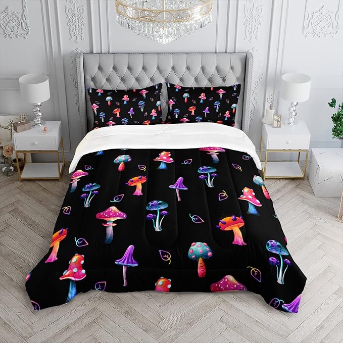 Colorful Mushroom Comforter Set Full Size Kids Mushroom Bedding Set Leaves Quilt Bed Set for Boys Girls Adults with 1 Comforter and 2 Pillowcases - LeafyLoom