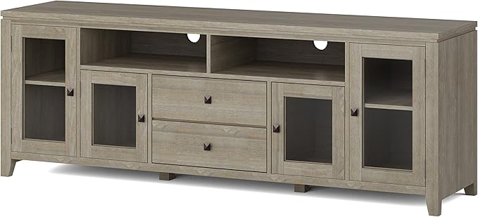 SIMPLIHOME Cosmopolitan SOLID WOOD Universal TV Media Stand, 72 inch Wide, Contemporary, Living Room Entertainment Center with Storage, for Flat Screen TVs up to 80 inches in Distressed Grey - LeafyLoom