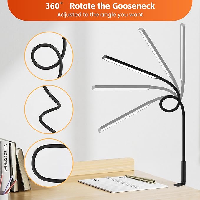Desk Lamp with Clamp, Stepless Dimming Desk Lamps for Home Office Adjustable Desk Lamp Eye Caring Desk Light Office Lamp with USB Adapter for Working Drawing Sewing (Black) - LeafyLoom