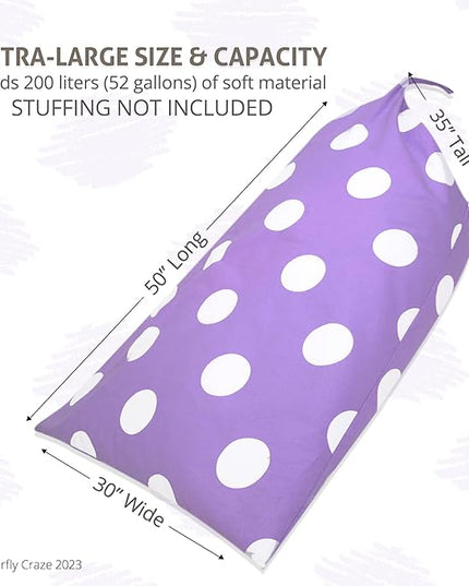 Butterfly Craze Bean Bag Chair Cover, Functional Toddler Toy Organizer, Fill with Stuffed Animals to Create a Jumbo, Comfy Floor Lounger for Boys or Girls, Stuffing Not Included, Purple Polka Dots - LeafyLoom