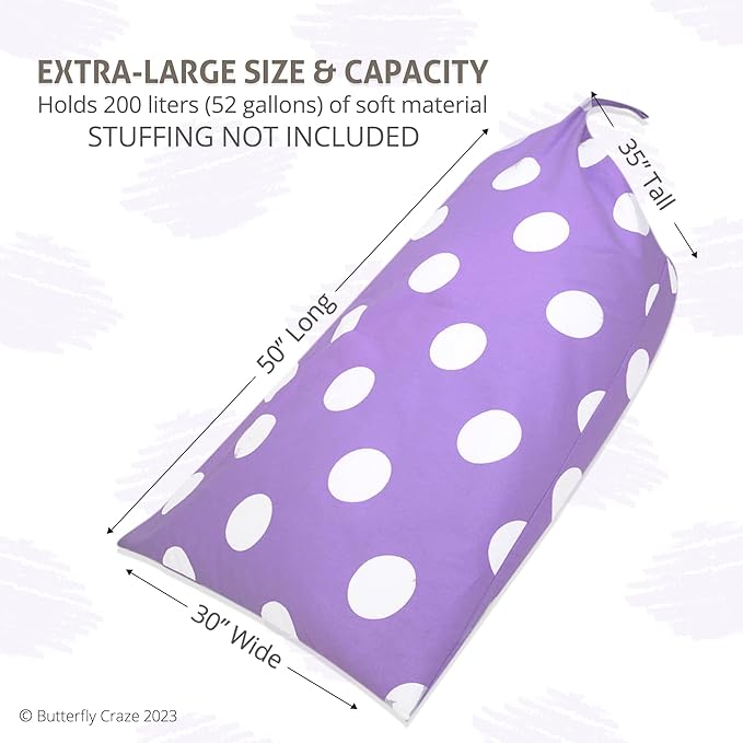 Butterfly Craze Bean Bag Chair Cover, Functional Toddler Toy Organizer, Fill with Stuffed Animals to Create a Jumbo, Comfy Floor Lounger for Boys or Girls, Stuffing Not Included, Purple Polka Dots - LeafyLoom