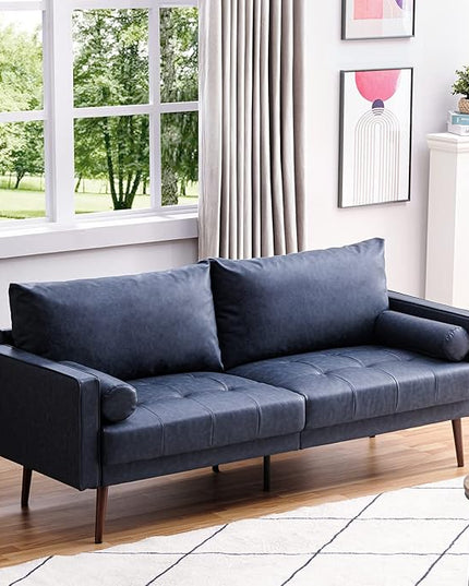 Vonanda Faux Leather Sofa Couch, Mid-Century 73 Inch 3 Seater Leather Couch with Wood Grain Metal Legs and Bolster Pillows for Living Room,Elegant Twilight Blue - LeafyLoom