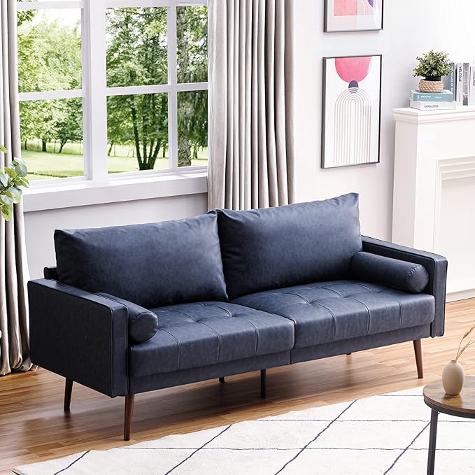 Vonanda Faux Leather Sofa Couch, Mid-Century 73 Inch 3 Seater Leather Couch with Wood Grain Metal Legs and Bolster Pillows for Living Room,Elegant Twilight Blue - LeafyLoom