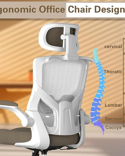 Ergonomic Office Chair, High Back Mesh Desk Chair with Thick Molded Foam Cushion, Coat Hanger, Adjustable Headrest, Lumbar Support, Tilt & Lock Function - Task Computer Chair (Brown) - LeafyLoom