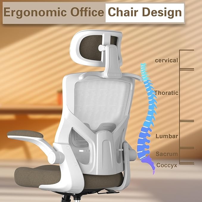 Ergonomic Office Chair, High Back Mesh Desk Chair with Thick Molded Foam Cushion, Coat Hanger, Adjustable Headrest, Lumbar Support, Tilt & Lock Function - Task Computer Chair (Brown) - LeafyLoom