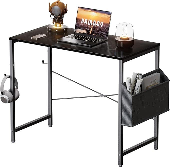 Pamray 32 Inch Computer Desk Small Spaces Desk with Storage Bag for Bedroom Writing and Home Office Work Small Study Desk Table Blcak - LeafyLoom