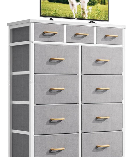 AODK Dresser with Charging Station, 52 Inches Tall Dresser for Bedroom with 11 Storage Drawers, Large Fabric Dressers for Living Room, Hallway, Light Grey - LeafyLoom