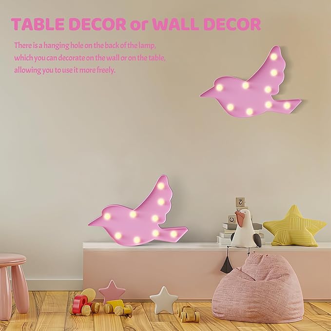 Bird Pink Party Decorations, Battery Powered Bird Night Light for Kids, Girl Birthday Party Decorations, Pink Room Decor for Girls, Pink Wall Decor for Girls Bedroom - LeafyLoom