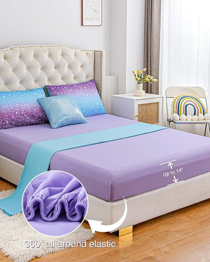 A Nice Night Girls Comforter Set Twin Size 6 Piece Bed in A Bag 3D Colorful Sparkle Galaxy Rainbow Bedding Comforter Sheet Sets for Kids,BluePurple - LeafyLoom