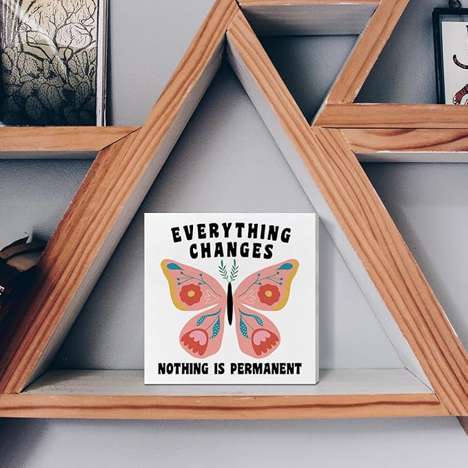 Home Office Desk Wooden Box Sign Decor, Everything Changes Nothing Is Permanent, Inspirational Quotes Desk Decor Motivational Desk Decorations for Women Girls Teens Student Office Classroom School - LeafyLoom