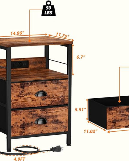 Furologee Nightstand Set of 2, Rustic Brown, with Charging Station and USB Ports, Side Tables with 2 Fabric Drawers, Bedside Tables with Storage Shelf & Hooks, for Living Room/Bedroom - LeafyLoom