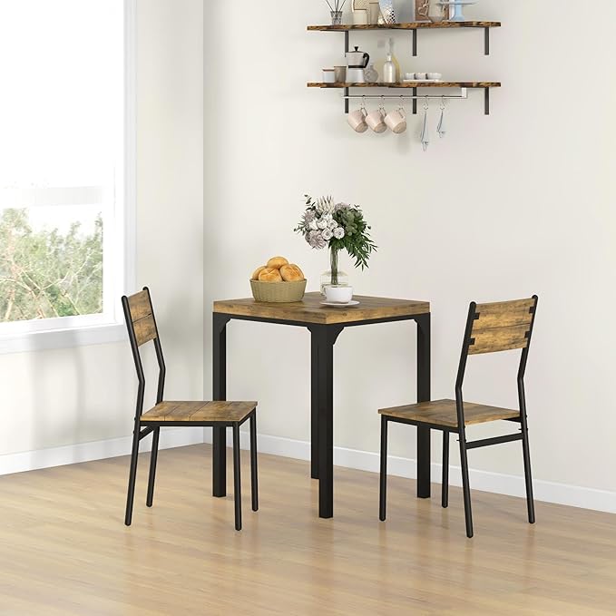 HOMCOM 3 Piece Dining Table Set for 2, Modern Kitchen Table and Chairs, Dining Room Set for Breakfast Nook, Small Space, Apartment, Space Saving, Rustic Brown - LeafyLoom