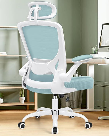 KERDOM Ergonomic Office Chair, Breathable Mesh Desk Chair, Lumbar Support Computer Chair with Headrest and Flip-up Arms, Swivel Task Chair, Adjustable Height Gaming Chair, LightBlue - LeafyLoom