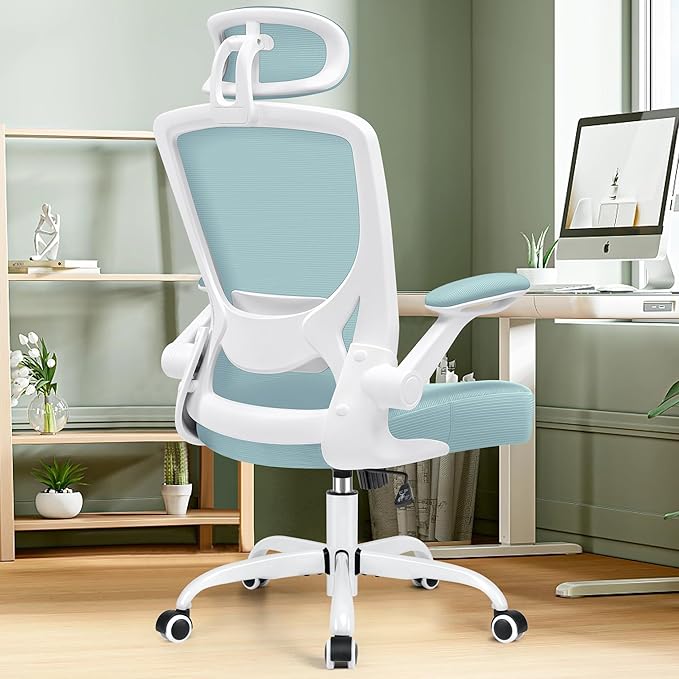 KERDOM Ergonomic Office Chair, Breathable Mesh Desk Chair, Lumbar Support Computer Chair with Headrest and Flip-up Arms, Swivel Task Chair, Adjustable Height Gaming Chair, LightBlue - LeafyLoom