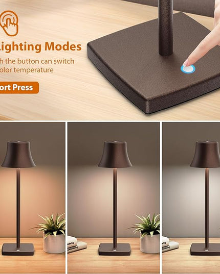 Cordless Table Lamp, Rechargeable Battery 5000mAh Metal Aluminum Housing USB LED Portable Powered Desk Lamp, 3 Levels Brightness Night Light for Restaurants Bedroom Outdoor (ferruginous) - LeafyLoom