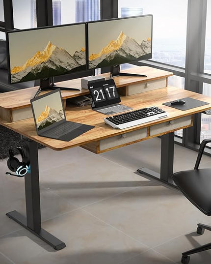 55 * 30 Inches Electric Standing Widened Desk Adjustable Height with 4 Drawers, Double Storage Shelves Stand Up Desk, Home Office Workstation Sit Stand up Desk (Light Rustic Brown) - LeafyLoom