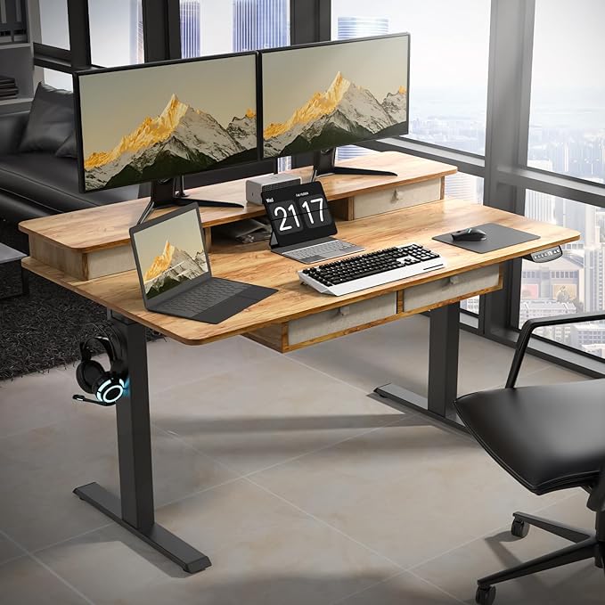 55 * 30 Inches Electric Standing Widened Desk Adjustable Height with 4 Drawers, Double Storage Shelves Stand Up Desk, Home Office Workstation Sit Stand up Desk (Light Rustic Brown) - LeafyLoom