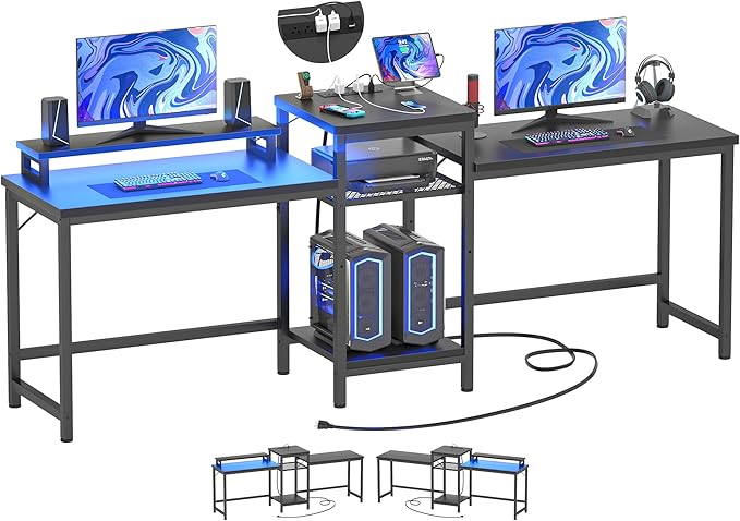Unikito 2 Person Computer Desk with LED Light and Power Outlet, Double Gaming Desk, Large Workstation with Storage and Printer Stand, Long Desk, Office Work Desk with Shelf, Writing Study Table, Black - LeafyLoom