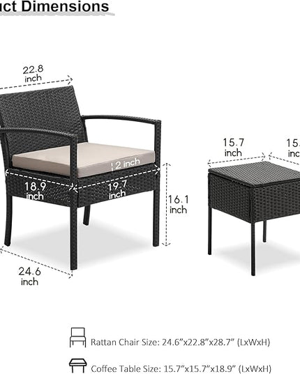 3 Pieces Patio Furniture Set, Balcony Furniture, Patio Bistro Set All-Weather Wicker Chairs Conversation Set with Cushions Table for Outdoor Backyard Porch Lawn (Black-Grey) - LeafyLoom