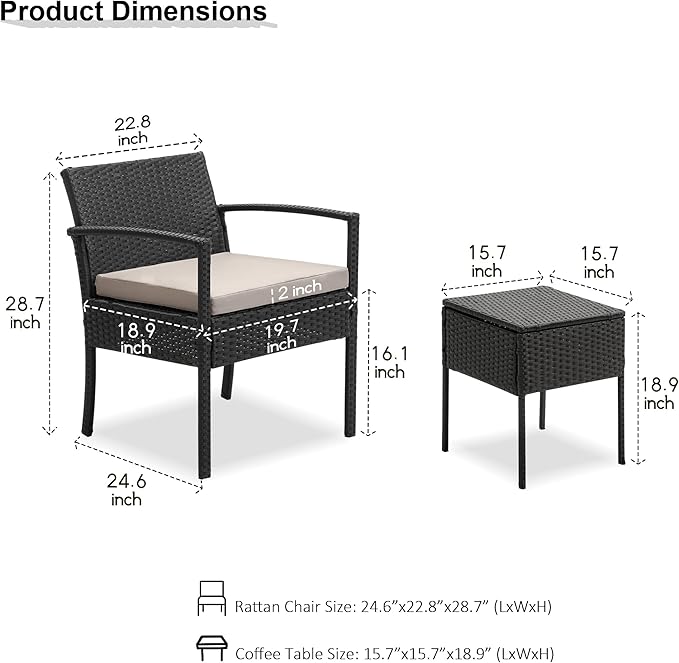 3 Pieces Patio Furniture Set, Balcony Furniture, Patio Bistro Set All-Weather Wicker Chairs Conversation Set with Cushions Table for Outdoor Backyard Porch Lawn (Black-Grey) - LeafyLoom