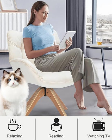 Fabric Accent Chair, Modern Cozy Vanity Chair with Wood Legs, Upholstered Single Boucle Armchair Single Sofa for Living Room Bedroom Office Guest Room Dining Room (Beige) - LeafyLoom