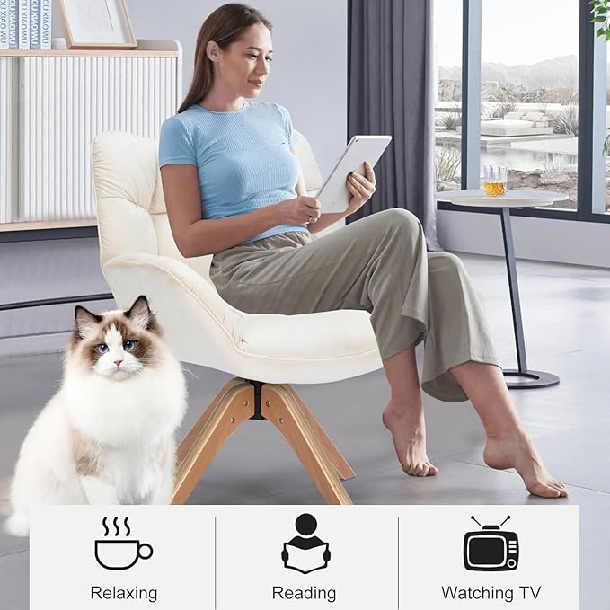 Fabric Accent Chair, Modern Cozy Vanity Chair with Wood Legs, Upholstered Single Boucle Armchair Single Sofa for Living Room Bedroom Office Guest Room Dining Room (Beige) - LeafyLoom
