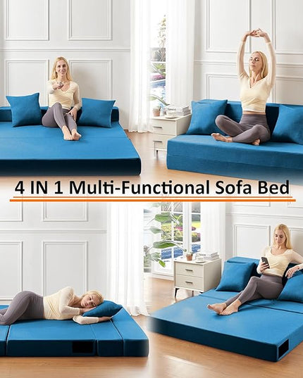 Queen Size Folding Sofa Bed - 4 in 1 Futon Chair with Two Pillows - High Density Memory Foam Foldable Couch with Washable Modern Linen Cover for Home Office (Blue) - LeafyLoom