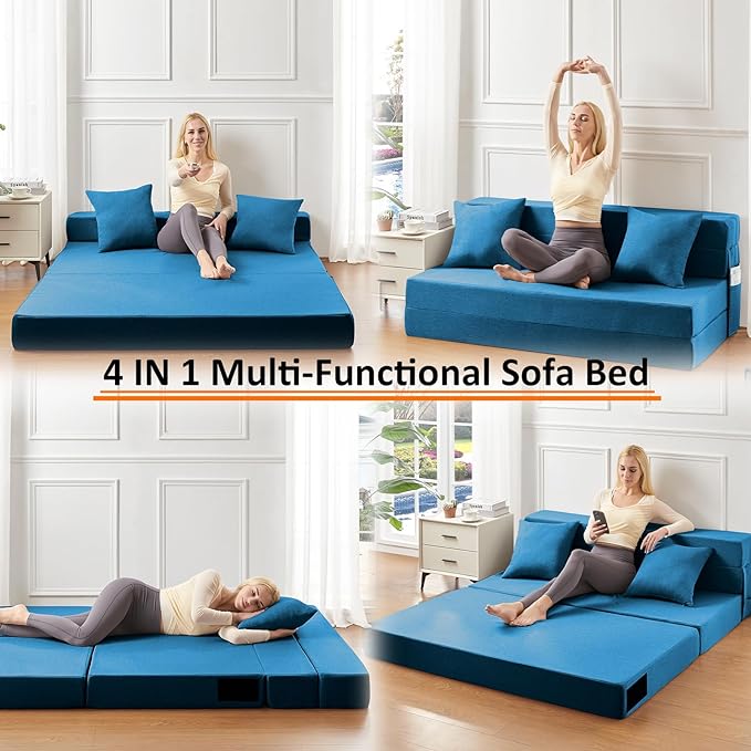 Queen Size Folding Sofa Bed - 4 in 1 Futon Chair with Two Pillows - High Density Memory Foam Foldable Couch with Washable Modern Linen Cover for Home Office (Blue) - LeafyLoom