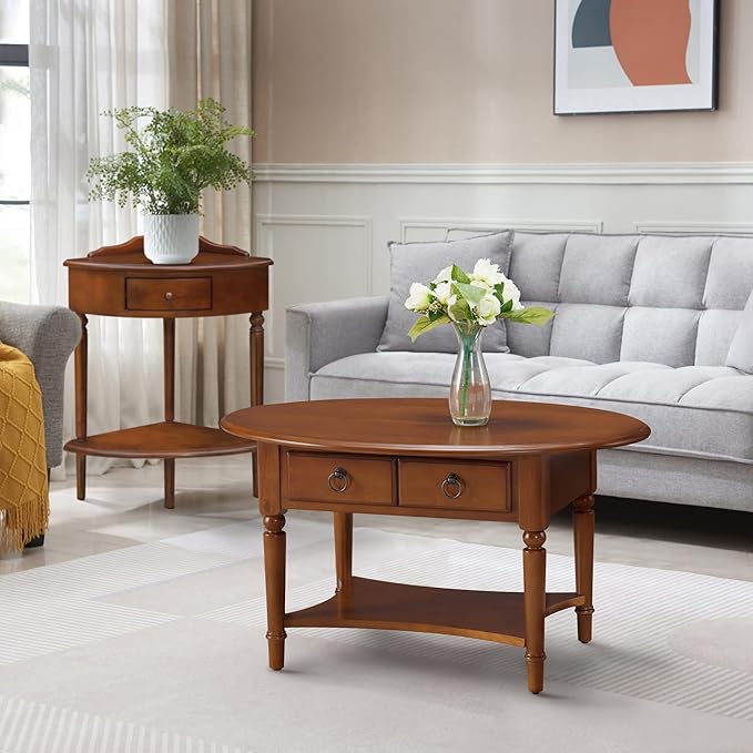 Leick Coastal Oval Coffee Table with Shelf, Pecan - LeafyLoom
