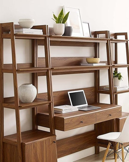 Modway Bixby 3-Piece Home Office Desk and Bookshelf Display Case in Walnut - LeafyLoom