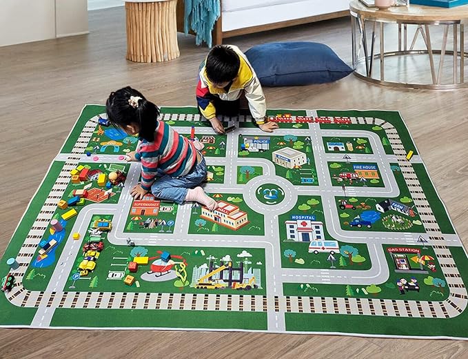 Kids Rug,Playroom Car Rug Play Mat,City Life Road Rug for Cars,Fun City Map for Track Toys,Carpet for Bedroom Boys (6'7"x4'7") - LeafyLoom