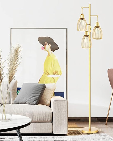 Dimmable Floor Lamp, 3 x 800LM LED Edison Bulbs Included, Farmhouse Industrial Floor Lamp Standing Tree Lamp with Elegant Teardrop Cage Head Tall Lamp for Living Room Bedroom Office Dining Room - Gold - LeafyLoom