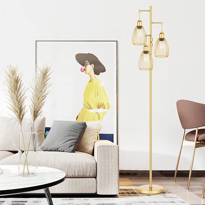 Dimmable Floor Lamp, 3 x 800LM LED Edison Bulbs Included, Farmhouse Industrial Floor Lamp Standing Tree Lamp with Elegant Teardrop Cage Head Tall Lamp for Living Room Bedroom Office Dining Room - Gold - LeafyLoom
