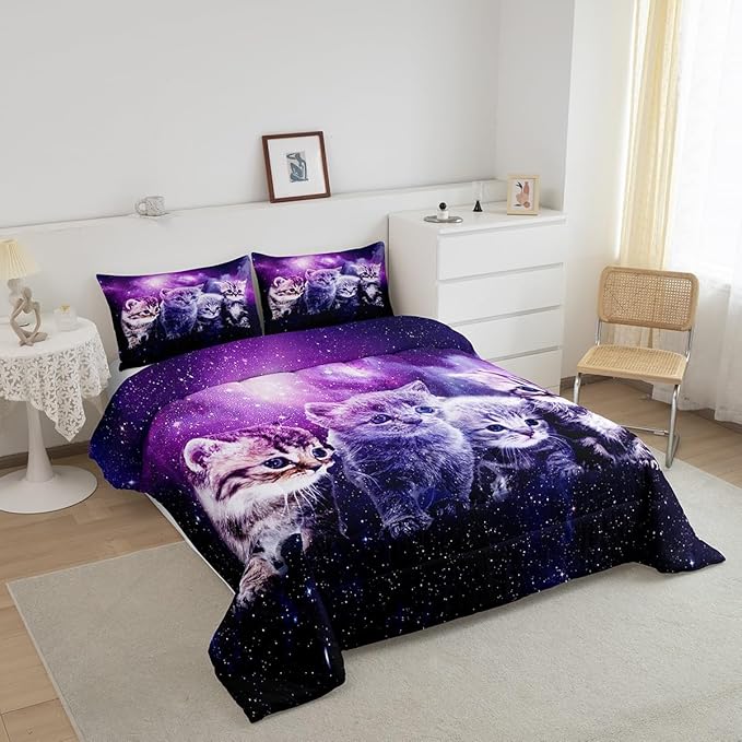 Cat Comforter Cute Pet Cats Pattern Bedding Set Outer Space Kawaii Kitten Comforter Set for Children Kids Boys Girls Cartoon 3D Animal Theme Galaxy Duvet Set Purple Room Decor Quilt Set Queen Size - LeafyLoom