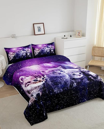 Cat Comforter Cute Pet Cats Pattern Bedding Set Outer Space Kawaii Kitten Comforter Set for Children Kids Boys Girls Cartoon 3D Animal Theme Galaxy Duvet Set Purple Room Decor Quilt Set King Size - LeafyLoom