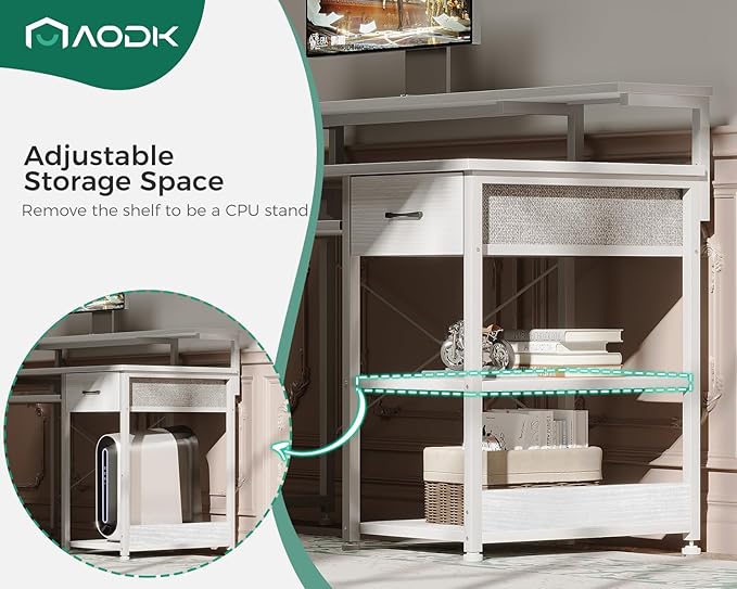 AODK Small Computer Desk with Keyboard Tray, 40 Inch Office Desk with Power Outlet, Work Desk with Drawer, Reversible Desk with Adjustable Monitor Shelf and Storage Shelf for Home, White - LeafyLoom